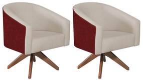 Kit 02 Poltronas Luiza Base Giratória de Madeira Factor Vermelho e Linho - ADJ Decor