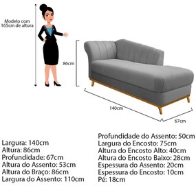 Recamier Vanessa 140cm Lado Direito Suede Cinza - ADJ Decor