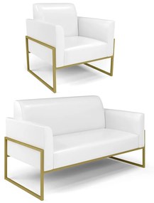 Sofá Namoradeira com Poltrona Base Industrial Alta Dourado Marisa Corano D03 - D'Rossi - Branco