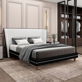 Conjunto Cama com Cabeceira Queen Torres Pés em Madeira PU/Bouclê Preto/Off White G91 - Gran Belo