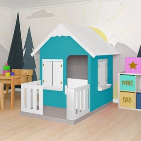 Casinha De Brinquedo Com Cercado Floreiros MDF Azul Turquesa/Branco L12 - Gran Belo