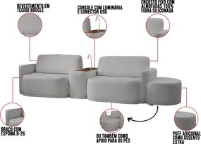 Sofá Sala Modulado 259cm com Puff Console USB Luminária Brumma Bouclê K01 - D'Rossi - Cinza