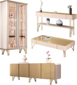 Conjunto 1 Cristaleira 1 Buffet 1 Mesa de Centro e 1 Aparador Texas/Virginia/Rennes Off White/Champagne G26 - Gran Belo
