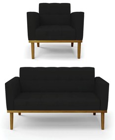 Conjunto Poltrona e Namoradeira Decorativas Karen Pés Fixo em Madeira Castanho Linho Preto G19 - Gran Belo