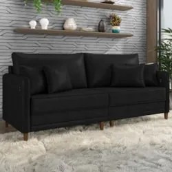 Sofá 3 Lugares Living 212cm Pé Madeira Zoe Sintético Preto Z08 - Mpoze