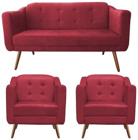 Kit Namoradeira + 2 Poltronas Bruna Pé Palito Suede Vermelho