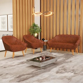 Kit 01 Namoradeira 02 Lugares e 02 Poltronas Giovana Corano Nozes Pés Palito Castanho - Indo Decorar