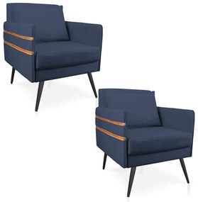 Kit 02 Poltronas Mari Suede Pés Palito de Ferro Marrom D03 - D'Rossi - Azul Marinho