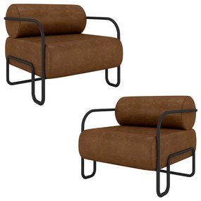 Kit 2 Poltronas Decorativas Sala de Estar Polatsk Base Industrial de Ferro PU Marrom G33 - Gran Belo