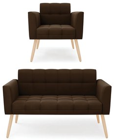 Kit 1 Sofá Namoradeira e 1 Poltrona Elisa Suede Marrom Pés Palito Natural - D'Rossi