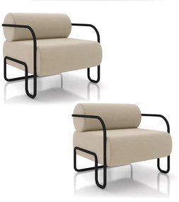 Poltrona Sala de Estar Industrial Preto Kit 2 Ameli Veludo K01 - D'Rossi - Bege