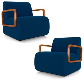 Kit 2 Poltronas Decorativa Sala de Estar Odessa Braços em Madeira Veludo Azul G33 - Gran Belo