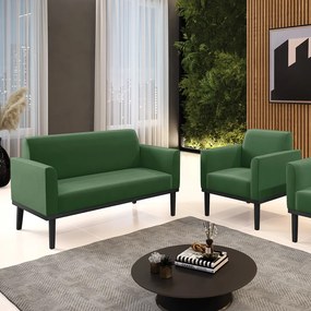 Conjunto Poltrona e Namoradeira Decorativa Isabella Pés Fixo em Madeira Preto Suede Verde G19 - Gran Belo