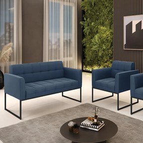 Kit 1 Sofá Namoradeira e 1 Poltrona Elisa Suede Azul Marinho Base Metálica Industrial Preto - D'Rossi