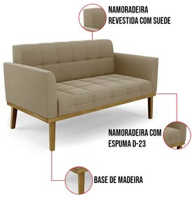 Sofá Namoradeira Base de Madeira Castanho Elisa Suede D03 - D'Rossi  - Marrom Rato