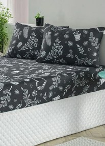 Jogo de Cama Malha Floral Preto Queen 3 Peças