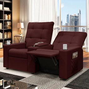 Poltrona do Papai Reclinável Sala de Cinema Movie 2 Lugares Manual Baú USB Veludo Vinho G23