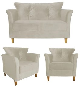 Kit Sofá Namoradeira + 2 Poltronas Ibis Decorativa Suede Bege