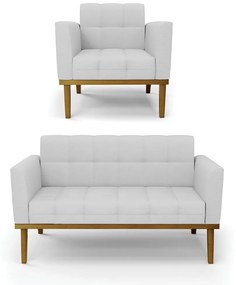 Conjunto Poltrona e Namoradeira Decorativas Karen Pés Fixo em Madeira Castanho Linho Cinza G19 - Gran Belo