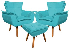 02 Poltronas e 01 Puff Pé Palito de Madeira Opala Suede - Azul Turquesa