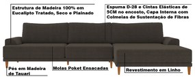 Sofá com Chaise Direita 354cm Índico Linho Marrom G52 - Gran Belo