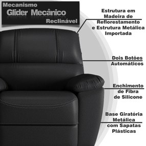 Poltrona do Papai Reclinável Giratória Glider Mecânico Armênia Couro Preto G40 - Gran Belo