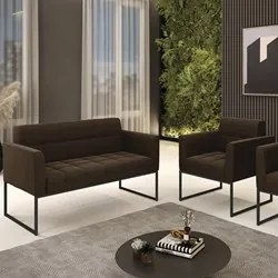 Sofá Namoradeira e 1 Poltrona Base Industrial Preto Ana Suede Marrom -