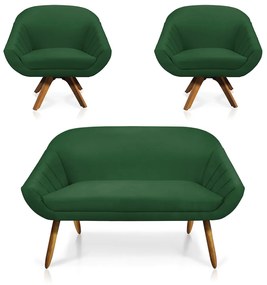 Kit 01 Namoradeira 02 Lugares e 02 Poltronas Giratória Giovana Suede Base Madeira MM30 - D'Rossi - Verde