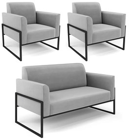 Sofá Namoradeira com 2 Poltronas Base Industrial Alta Preto Marisa Suede D03 - D'Rossi - Cinza