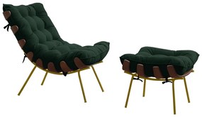 Conjunto Decorativo Poltrona e Puff Abel Base de Madeira Dourada Suede Verde G41 - Gran Belo