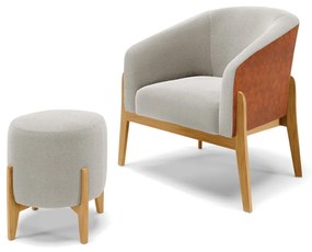 Poltrona e Puff Decorativo Base Madeira Stella PU Nozes/Bouclê D03 - D'Rossi - Cinza