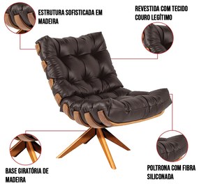 Poltrona com Puff Giratório Costela Couro Marrom Base de Madeira MA30 M11 - D'Rossi