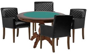Mesa de Jogos Carteado Redonda Montreal Tampo Reversível Imbuia com 6 Cadeiras Liverpool PU Sintético Preto Matelassê G36 G15 - Gran Belo