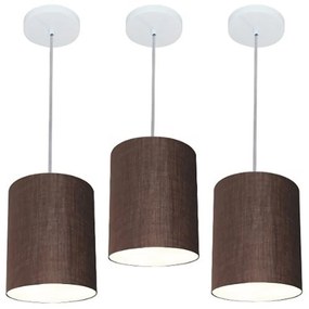 Kit/3 Lustre Pendente Cilíndrico Md-4012 Cúpula em Tecido 18x25cm Café - Bivolt