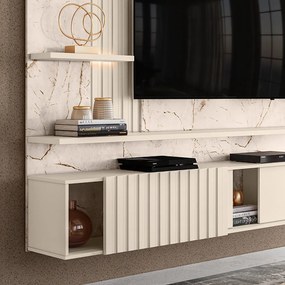 Painel TV 65 Pol 200cm Bancada Suspensa Ripado Mirellin Calacata/Off White M20 - D'Rossi