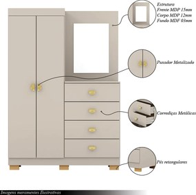 Cômoda Roupeiro Allure 4 Gavetas 1 Espelho 2 Portas com Prateleiras MDF Fendi G98 Gran Belo