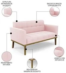 Sofá Namoradeira Base Madeira Castanho Ana Suede Rosa Bebê - Ibiza