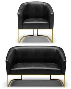 Sofá Namoradeira e Poltrona Industrial Dourado Stella Sint PU D03 - D'Rossi - Preto