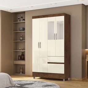 Guarda Roupa Solteiro Abruzzo 4 Portas de Bater 2 com Espelhos 2 Gavetas Nogueira/OffWhite G98 - Gran Belo