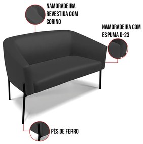Sofá 2 Lugares Namoradeira Pé de Ferro Preto Stella Sintético D03 - D'Rossi - Preto