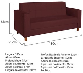 Sofá 2 Lugares Denver Suede Bordô - ADJ Decor