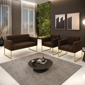Kit 1 Sofá Namoradeira e 2 Poltronas Elisa Suede Base Metálica Industrial Dourado - D'Rossi - Marrom