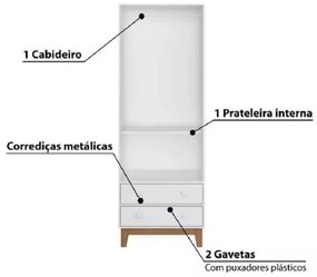 Guarda Roupa Infantil 2 Portas 2 Gavetas Retrô Branco BY140