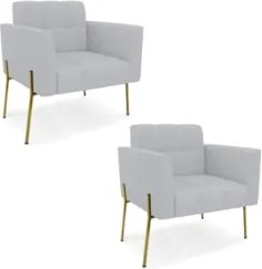 Poltrona Para Sala Pé Metal Dourado Kit 2 Ana Linho Cinza - Ibiza