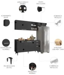 Armário de Cozinha Com Tampo CP03 220cm Pérola Preto Z34      - Mpozen