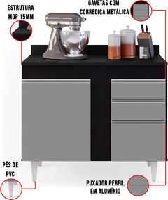 Balcão de Cozinha Lavanderia com Tampo 02 Gavetas Bia 100 cm L06 - D'Rossi - Preto e Cinza