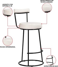 Banqueta Alta Cozinha 70cm Encosto Industrial Aço Kit 2 Ziria Pu S02 - D'Rossi - Off White