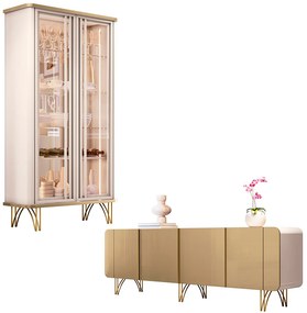 Conjunto Cristaleira Buffet LED Portas de Vidro Évora/Saluti Off White/Champagne G26 - HB Móveis