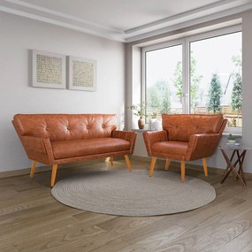 Sofá Namoradeira e Poltrona Pé Palito Madeira Anitta Sintético PU Nozes D03 - D'Rossi