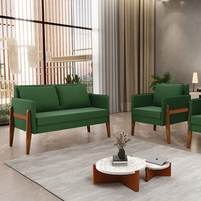 Kit 1 Sofá Namoradeira e 1 Poltrona Lana Suede Verde Base de Madeira - D'Rossi
